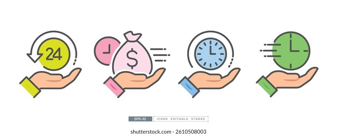 Time action and money concept with 24, pouch and clock icon on hand. Editable stroke, thin line and flat vector illustration.