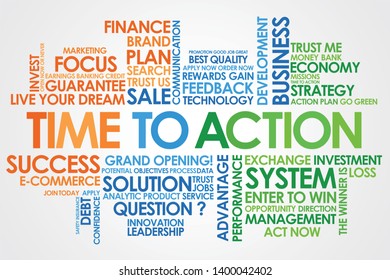Time To Action in word cloud and white background