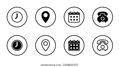 Tiempo, dirección, fecha y contacto con nosotros vector de icono en línea circular. Símbolo de signo de reloj, dirección, calendario y teléfono