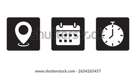 Time address and date icon . Essential Time and Place Icon Collection . EPS 10