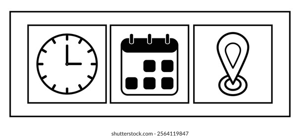 Time, address and date icon in flat style. Clock, location and calendar sign symbol elements isolated on rectangle outline. EPS vector illustration