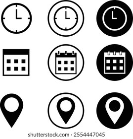 Time, address, and date icon vector in flat style. Clock, pin map location, and calendar icon set
