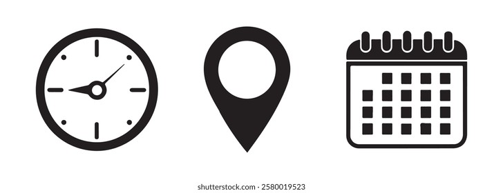 Time, address, and date icon vector in flat style. Clock, pin map location, and calendar signs set, Black and white vector.