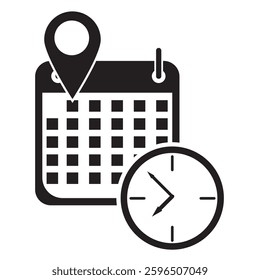 Time, address, and date icon vector in trendy style. Clock, map pin, and calendar in flat design