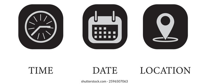 Time, address, and date icon vector in trendy style. Clock, map pin, and calendar in flat design