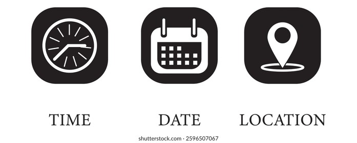 Time, address, and date icon vector in trendy style. Clock, map pin, and calendar in flat design