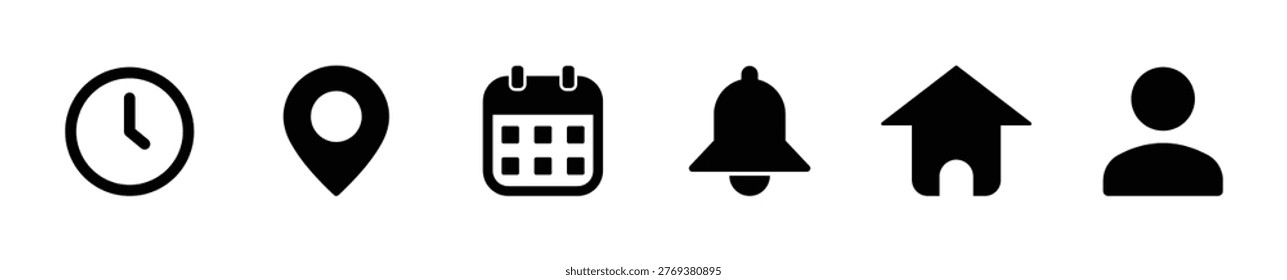 Time, address, and date icon vector in flat style. Clock, pin map location, profile and calendar signs