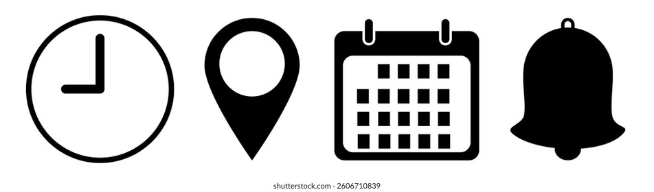 Time, address, date and notification bell icon set on white background.