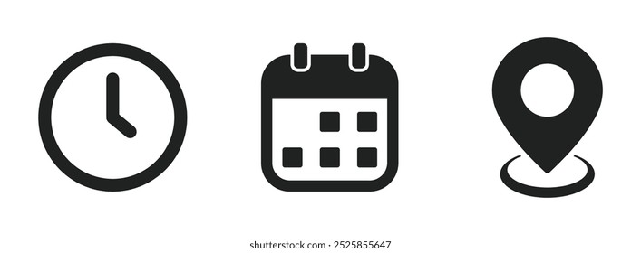 Time, address and date vector icon. Time, place and date vector signs