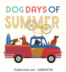 Time For Adventure. Cute Comic Cartoon. Colorful Humor Retro Style. Dogs Go By Bus To Beach For Fun Leisure Relax. Dog Days Of Summer Time Vacation Journey. Vector Tourist Banner Background Template