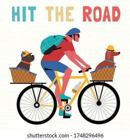 Time for adventure. Cute comic cartoon. Colorful humor retro style illustration. Bicycling travel with pet vector concept. Vacation touring with dogs sport fun leisure activity. Dog days summer poster