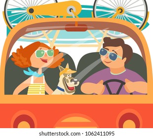 Time for adventure. Dog days of summer poster concept. Young happy travellers trip by van to beach. Family microbus journey. Vacation touring by auto. Cute cartoon. Colorful humor vector illustration