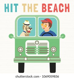 Time for adventure. Dog days of summer design idea. Young happy travelers drive by van to beach. Man, pet friends journey. Vacation touring by auto. Cute cartoon. Colorful humor vector illustration