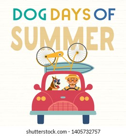 Time for adventure. Dog days of summer design idea. Young happy travellers drive by car to beach. Man, pet friends journey. Vacation touring by auto. Cute cartoon. Colorful humor vector illustration