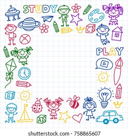 Time to adventure Imagination Creativity Small children play Nursery Kindergarten Preschool School Kids drawing doodle icons Pattern Play, study learn with happy boys and girls Let's explore space