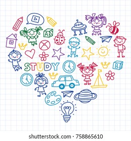 Time to adventure Imagination Creativity Small children play Nursery Kindergarten Preschool School Kids drawing doodle icons Pattern Play, study learn with happy boys and girls Let's explore space