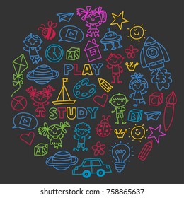 Time to adventure Imagination Creativity Small children play Nursery Kindergarten Preschool School Kids drawing doodle icons Pattern Play, study learn with happy boys and girls Let's explore space