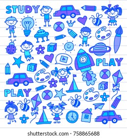Time to adventure Imagination Creativity Small children play Nursery Kindergarten Preschool School Kids drawing doodle icons Pattern Play, study learn with happy boys and girls Let's explore space