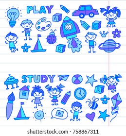 Time to adventure Imagination Creativity Small children play Nursery Kindergarten Preschool School Kids drawing doodle icons Pattern Play, study learn with happy boys and girls Let's explore space