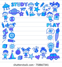 Time to adventure Imagination Creativity Small children play Nursery Kindergarten Preschool School Kids drawing doodle icons Pattern Play, study learn with happy boys and girls Let's explore space