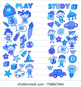 Time to adventure Imagination Creativity Small children play Nursery Kindergarten Preschool School Kids drawing doodle icons Pattern Play, study learn with happy boys and girls Let's explore space