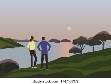 Time for adventure travel concept. Active sport tourism trip cartoon. Travelers couple Hiking in high mountains hidden lake. Outdoor tourist adventures banner background. Outdoors vector illustration