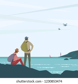 Time for adventures concept. Young couple of tourists on seashore enjoy marine landscape scenic view. Backpacking family travel. People hiking to the sea beach. Minimal style. Vector illustration