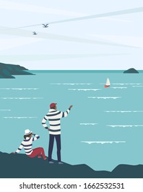 Time for adventures flat vector concept. Travelling tourists on seashore enjoy marine landscape scenic view. Seaside travel lifestyle cartoon. People on sea beach minimal style illustration background