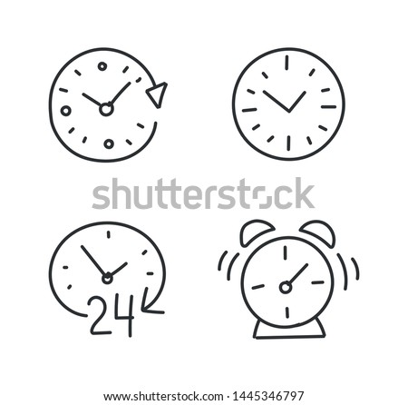 Time alarm clock hand drawn sketched. Set of icons. Drawn by hand. Line style. Outline contour.