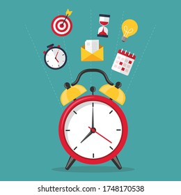 Time alarm clock for managing time. Hourglass calendar text for management. Vector illustration modern flat design. business and finance concept. isolated on blue background.