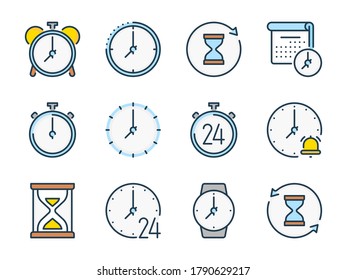 Time and Alarm Clock related vector color line icons. Watch and Clock colorful icon set.