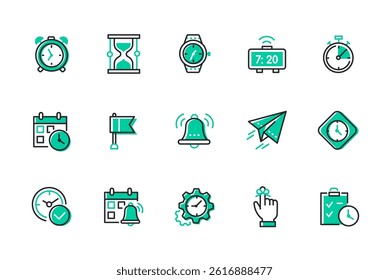 Time, alarm and deadline - set of line design style icons