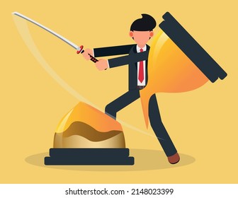 Time Allocation. businessman cuts an hourglass with a knife