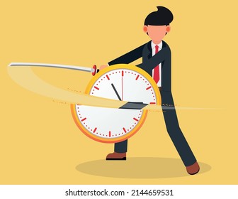 Time Allocation. Businessman cutting a watch with a knife