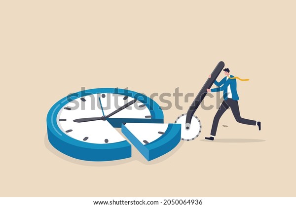 Time allocation, manage limited time to\
optimize outcome, project management or efficiency and productivity\
concept, smart businessman cut clock face with pizza cutter\
metaphor of time\
management.