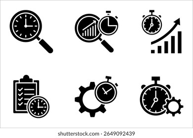 Conjunto de ícones lineares de análise de tempo. Estratégia de gestão empresarial. ilustração vetorial no fundo branco