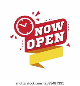 Time Announcement Icon with Now Open Text in Bold Red and Yellow Ribbon Design
