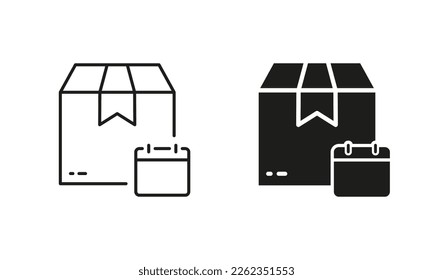 Terminplanung für den Express-Lieferservice Silhouette und Line Icon Set. Zeitplan im Kalender für das Lieferdatum-Symbol. Paketversandkostenzuschuss Piktogramm. Bearbeitbarer Stroke. Vektorgrafik.