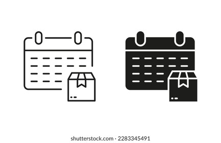 Time Appointment for Express Delivery Service Silhouette and Line Icon Set. Schedule in Calendar for Date Delivery Icon. Parcel Box Pictogram. Editable Stroke. Isolated Vector Illustration.