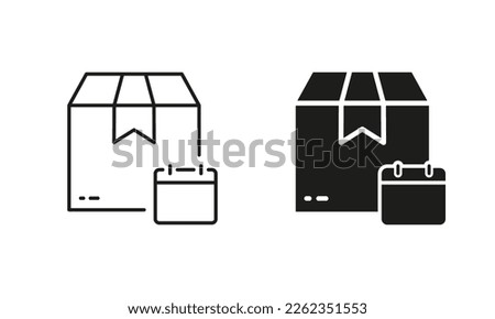 Time Appointment for Express Delivery Service Silhouette and Line Icon Set. Schedule in Calendar for Date Delivery Icon. Parcel Box Deliver Pictogram. Editable Stroke. Vector Illustration.