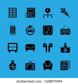 time, armchair, news paper, newspaper, electric car, syringe, radio, sofa and flask vector icon. Simple icons set