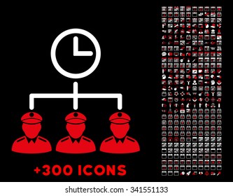 Time Army vector pictogram with additional 300 date and time management icons. Style is bicolor flat symbols, red and white colors, rounded angles, black background.