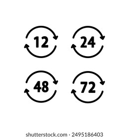 Time with arrow icon. 12 hours, 24 hours, 48 hours and 72 hours icon. Express delivery, service, efficiency, support, duration concepts. Flat vector design isolated illustration.