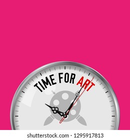 Time for Art. White Vector Clock with Motivational Slogan. Analog Metal Watch with Glass. Vector Illustration Isolated on Solid Color Background. Palette with Brushes Icon.