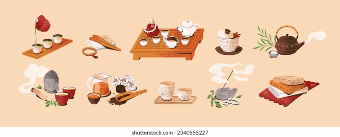 Time asian tea ceremony set. Japanese and chinese traditional attributes: table, tray, incense, bowls. Flavory hot green, pu erh, oolong in cups, oriental teapot. Flat isolated vector illustrations
