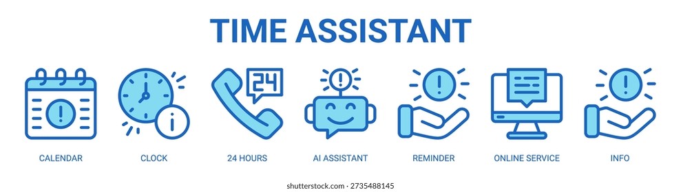 Time Assistant web banner icon vector illustration concept with icon of calendar, clock, 24 hours, ai assistant, reminder, online service, and info.