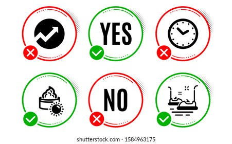 Time, Audit and Sun cream icons simple set. Yes no check box. Bumper cars sign. Clock, Arrow graph, Face lotion. Carousels. Business set. Time icon. Check mark. Vector