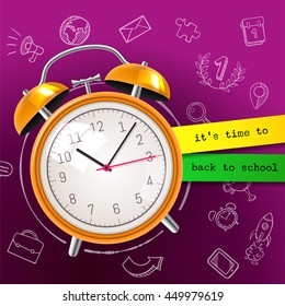 Its time to back to school sale background with alarm clock and blackboard, vector illustration. Great poster for school, department stores, office supplies sales, banner, online shop