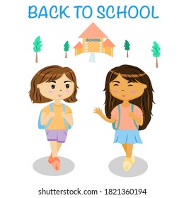 Tiempo de volver a la escuela el blanco y negro de los estudiantes van juntos a la escuela.ilustración vectorial