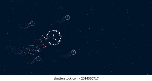A time back symbol filled with dots flies through the stars leaving a trail behind. Four small symbols around. Empty space for text on the right. Vector illustration on dark blue background with stars